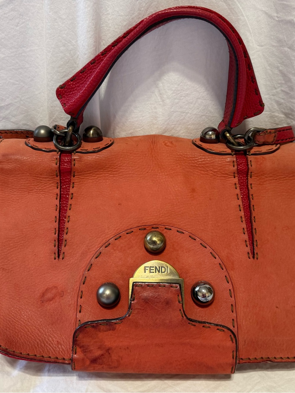 Fendi Selleria Y2K Coral Pink Leather Studded Satchel Bag Top Handle Crossbody